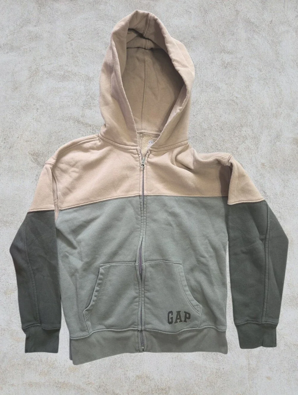 GAP Kids Vintage Soft Colorblock Two-Tone Zip Hoodie - Beige & Olive Green XL